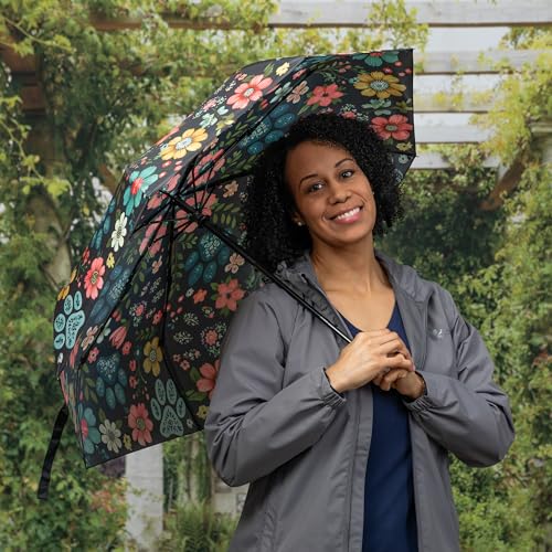 Whimsical Paw Print Compact Small Folding Travel Umbrella Auto Open Close - color: Floral Pawscape