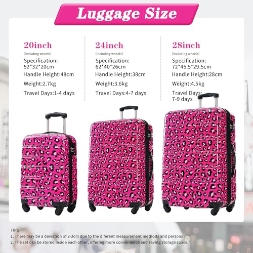 Merax Suitcase Set, Hardshell Luggage Sets 3 Piece with Spinner Wheels - color: Hot Pink Leopard