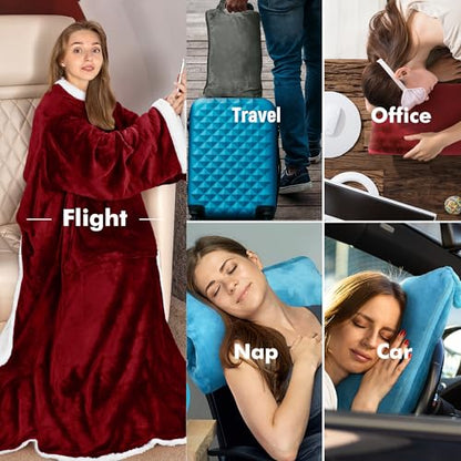 Catalonia Sherpa Wearable Blanket with Sleeves Arms - color: Wine