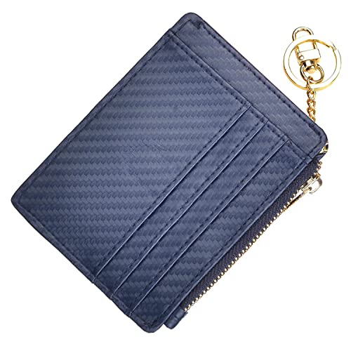 woogwin Slim RFID Credit Card Holder for Women Mini Front Pocket Wallet Purse With Keychain - color: Carbon Fiber Leather Darkblue