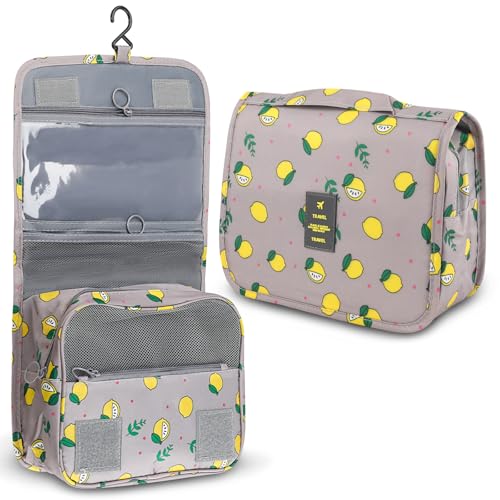 Foldable Hanging Travel Toiletry Bag,Waterproof Portable Travel Bags, Multifunction Travel Makeup Cosmetic Bag Organizer with Hanging Hook (Grey Lemon) - color: Grey Lemon