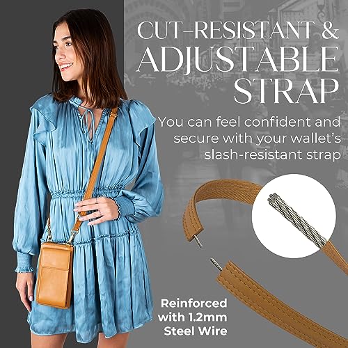 BULL GUARD Crossbody Bag for Women, Leather Phone Wallet Purse with Adjustable Anti Theft Strap & RFID Blocking 12 Card Slots - color: Golden Brown Latte Bliss - Small
