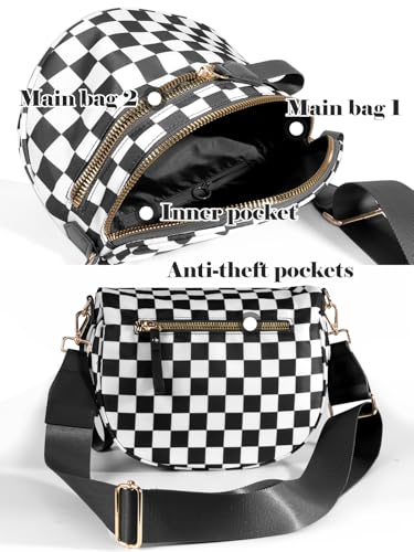 Checkered Crossbody Bag Bum Bag for Women,Spacious Fanny Packs Belt Bag - color: Black and White Checkered