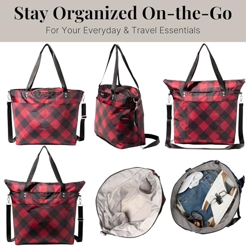 Baggallini Carryall Tote - Lightweight Nylon Zipper Top Weekender Travel Beach Bag w/Luggage Sleeve - color: Red Buffalo Plaid