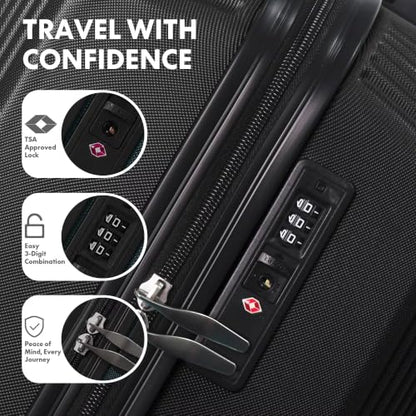 3-Piece ABS Hardshell Luggage Set, Lightweight Durable Suitcases with 4 Silent Spinner Wheels, TSA Lock & Scratch-Resistant Surface, 20"/24"/28", Black - color: Black+Solid