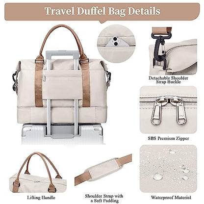 Weekender Bags for Women, Personal Item Travel Bag with Shoes Compartment - color: Beige & Brown, size: Large