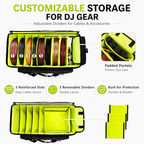 DJ Cable Bag, Large DJ Equipment Bag with Laptop Compartment and Dividers - color: Yellow, size: W/No Wheels