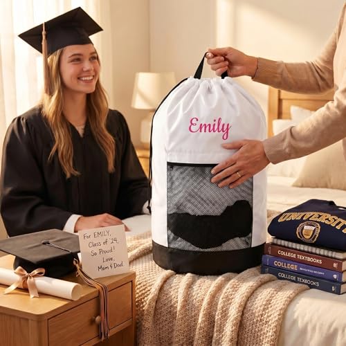Personalized Laundry Bag Heavy Duty Custom Graduation University XL Bag Backpack with Hanging Shoulder Strap & Mesh Pocket - Back to School College Graduation Gift - Choose Your Font & Thread Color - color: White