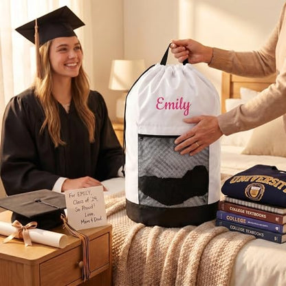 Personalized Laundry Bag Heavy Duty Custom Graduation University XL Bag Backpack with Hanging Shoulder Strap & Mesh Pocket - Back to School College Graduation Gift - Choose Your Font & Thread Color - color: White