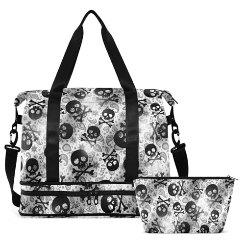 MNSRUU Travel Duffel Tote Bag Skulls Black Grey Paisley Sports Duffel Bag with Wet Pocket Weekender Overnight Bag for Women Men Gym Bag, Carry On Bag Hospital Bag for Labor & Delivery - color: Skull 09
