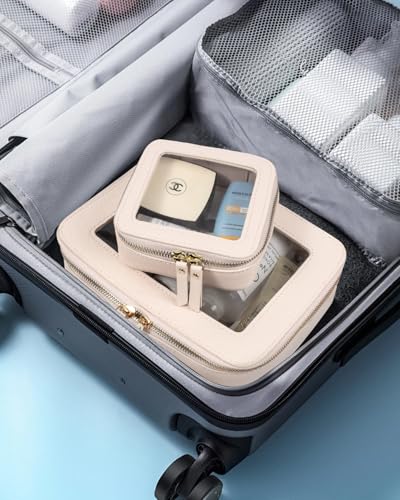 LETGO 2 Pack Clear Travel Toiletry Bag for Women, Large & Mini Waterproof PU TSA Approved Cosmetic Pouches,Portable See Through Clear Mahjong Tile Bag with Handle - color: 0-Large+Mini-Beige