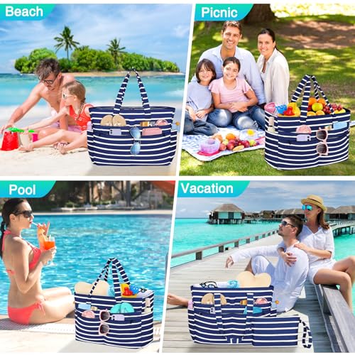 HUANLANG Extra Large Beach Bag Waterproof Beach Totes Bags for Women Men,Pool Bag with Zipper Wet Pocket - color: Dark Blue and White