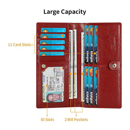Lavemi Ultra Slim Thin Leather Women Wallet RFID Blocking Credit Card Holder Bifold Long Ladies Billfold - color: 1-waxed Dark Red