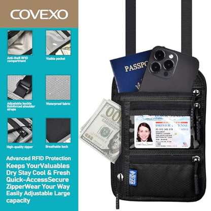 Travel Neck Wallet Passport Holder-RFID Blocking Money Pouch - color: Dark Grey