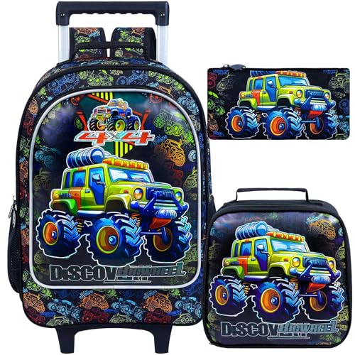 gxtvo Kids Rolling Backpack, Roller Wheels Boys Bookbag, Wheeled Suitcase Elementary School Bag-3PCS Dinosaur/Unicorn/Mermaid - color: Uv Printing Car Rolling Backpack