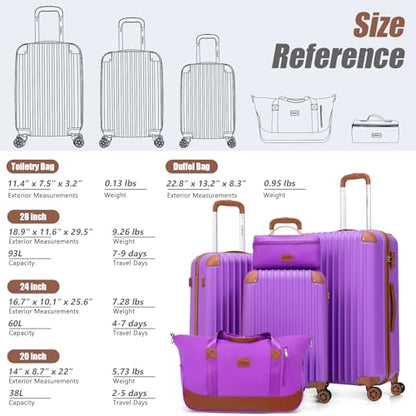 Cosbarn Luggage Sets, Lightweight Durable Hardshell, 5 piece Suitcase Sets - color: BrightPurple