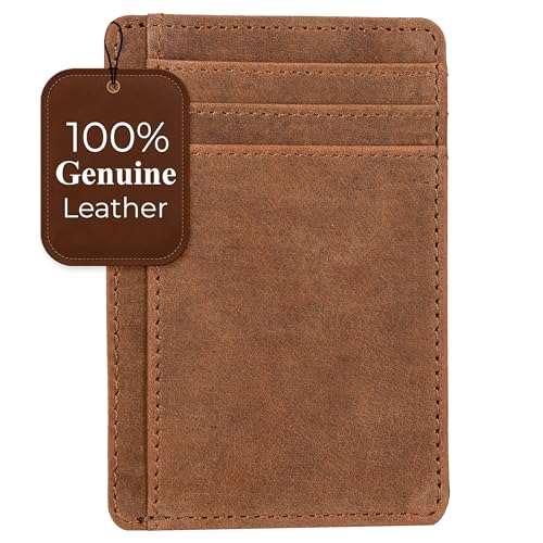Compact Slim Leather Wallet for Men and Women - RFID Blocking Card Holder - color: Dark Cognac