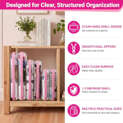 YQBRAO Clear Hard Shell Zipper Cases, 6 Multi-Size Organizers, Pink - color: Pink, size: 6 Pack (2L+2M+2S)