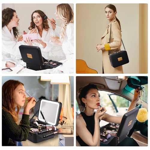 Mocado Travel Makeup Bag with Mirror Makeup Case with Brushes Dividers - color: Black with Hard Leather