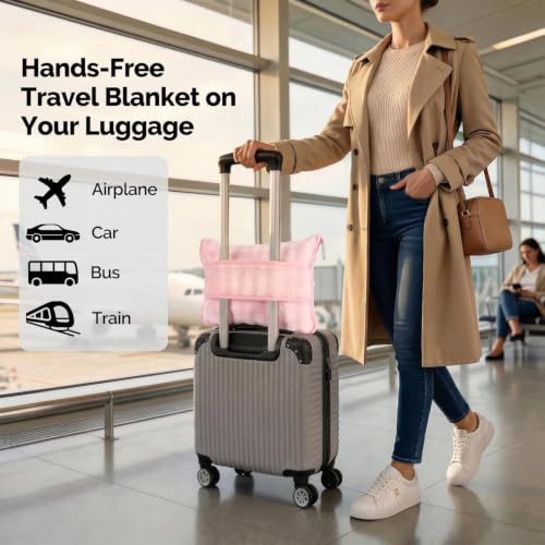 Pink Travel Blanket for Airplane, Portable Soft Flannel with Pouch & Clip - color: Pink