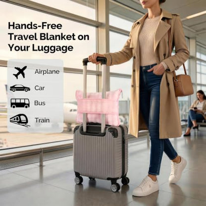 Pink Travel Blanket for Airplane, Portable Soft Flannel with Pouch & Clip - color: Pink