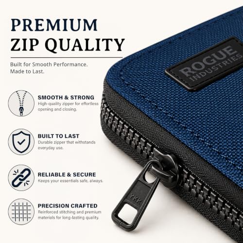 ROGUE WALLET Leather & Nylon Zip Wallet for Men, RFID Blocking, Navy - color: Navi