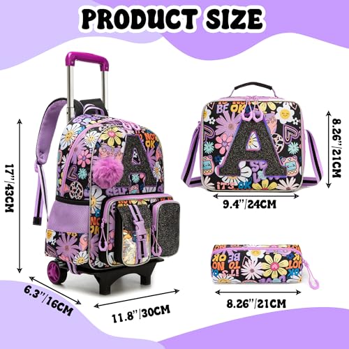 Meetbelify 3 in 1 Backpack with Wheels for Girls Rolling Letter Backpack Cute Carry on Backpack Kids Luggage with Lunch Box Pencil Case for Elementary Student - color: Black Flower
