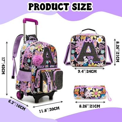 Meetbelify 3 in 1 Backpack with Wheels for Girls Rolling Letter Backpack Cute Carry on Backpack Kids Luggage with Lunch Box Pencil Case for Elementary Student - color: Black Flower