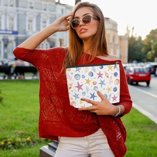 Watercolor Seashell Starfish Makeup Bag, Cosmetic Bags for Women - color: Watercolor Seashell 444