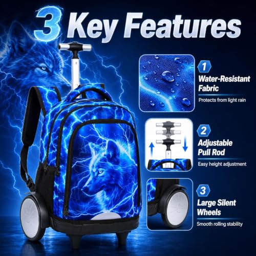 20 Inches Large Wheels Rolling Backpack for Boys with Detachable, 3Pcs Kids Lightning Wolf Wheeled Backpack Set for Elementary School (Blue) - color: Lightning Wolf (Large Wheels)