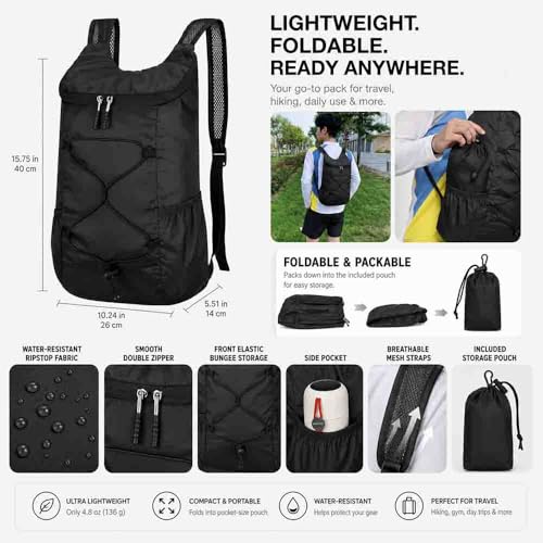 1pc Ultra-Light Foldable Backpack Durable Daypack With Bungee and Adjustable Straps for Travel, Camping and Cycling, Black - color: Black