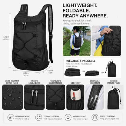 1pc Ultra-Light Foldable Backpack Durable Daypack With Bungee and Adjustable Straps for Travel, Camping and Cycling, Black - color: Black