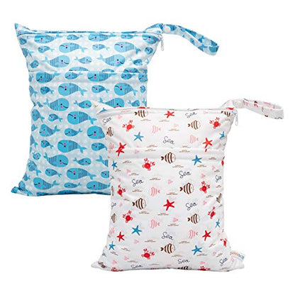 ALVA 2pcs Wet Dry Bags for Diaper Bag Waterproof Reusable with Two Pockets - color: Sea animals