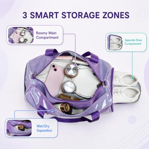 Dance Bag, Gym Bag for Girls, Kids Duffle Bag with Shoe & Wet Compartments - color: Purple