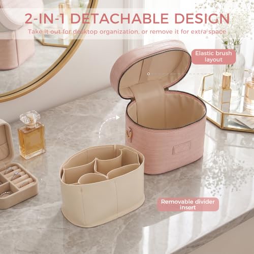 Leather Vanity Case Makeup Bag with Removable Divider, Washable Compartments, Dual Zipper & Carry Handle – Travel Toiletry Organizer for Women - color: Blush Pink