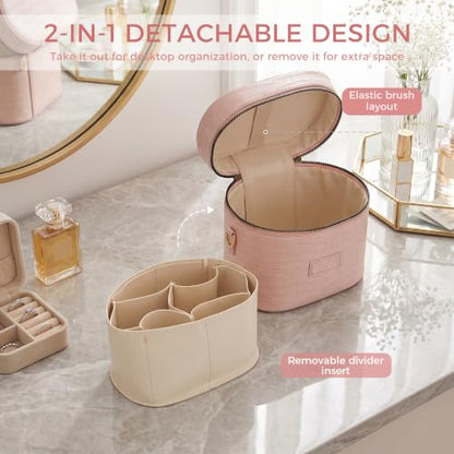 Leather Vanity Case Makeup Bag with Removable Divider, Washable Compartments, Dual Zipper & Carry Handle – Travel Toiletry Organizer for Women - color: Blush Pink
