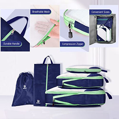 AiQInu Packing Cubes Compression, Pack of 5 Packing Bags, Compression Suitcase Organiser Set with Laundry Bag and Shoe Bag, Ultralight, Expandable, Travel Pack Organiser for Hand Luggage (Dark Blue) - color: Darkblue