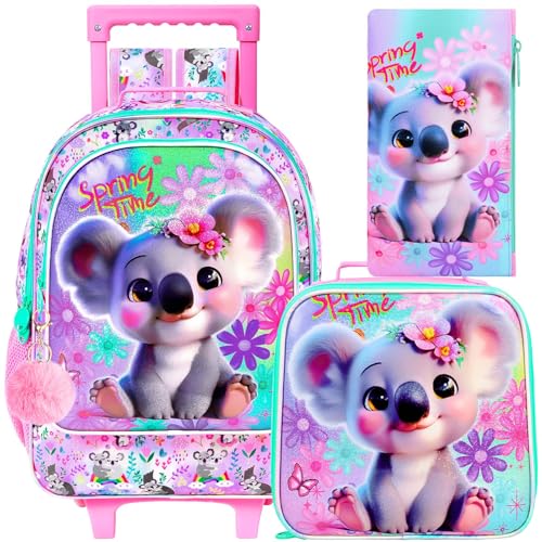 UFNDC 4PCS Rolling Backpack for Girls, Cute Kids Koala Wheeled Bookbag，Roller School Bag with Wheels for Elementary Preschool Travel - color: UV Printing Koala Pink Rolling Backpack