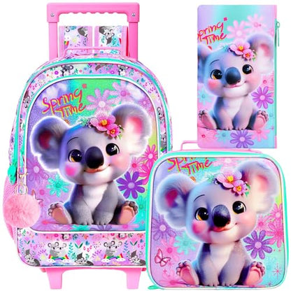 UFNDC 4PCS Rolling Backpack for Girls, Cute Kids Koala Wheeled Bookbag，Roller School Bag with Wheels for Elementary Preschool Travel - color: UV Printing Koala Pink Rolling Backpack