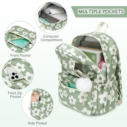 ACESAK 3PCS Corduroy Girls Backpack w/Lunch Box & Pencil Bag (Green Flower) - color: Green Flower