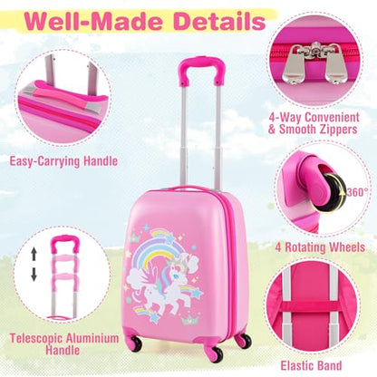GYMAX Kids Carry On Luggage Set, 12" & 16" 2PCS Rolling Suitcase - color: Crown Pony