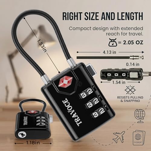 Search Alert TSA Approved Travel Combination Luggage Cable Locks for Suitcase, Gym Locker,Toolbox,Backpack 1,2,4,6 &10 pk (Black 3 Pack) - color: Black 3 Pack