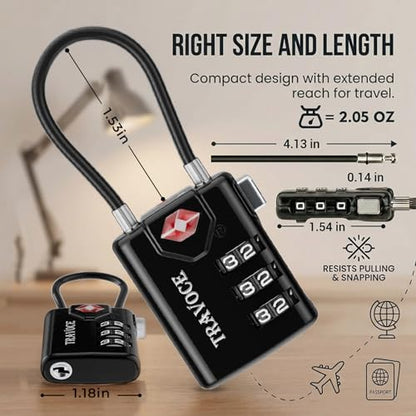TRAVOCE TSA Approved Luggage Locks, Combination Cable Locks 1 Pack, Black - color: Black 1 Pack
