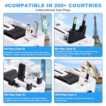 Universal Travel Adapter Worldwide, Multi Plugs Adapter with 2 USB-C & 2 USB-A, All-in-One AC Ports Wall Charger, International Power Converter for EU US UK AUS JP 200+ Countries (White) - color: WHITE