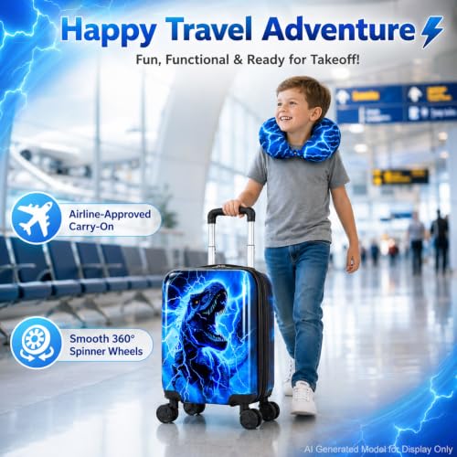 UFNDC Lightweight Hardshell Spinner Luggage Set for Kids 2PCS with Wheels - Airplane Approved Carry-On Suitcase for Boys Ages 3-10, Lightning Dinosaur Rolling Suitcases for Elementary Toddler Travel - color: Blue Lightning Dinosaur Luggage 2PCS Set