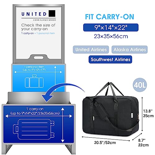 Carry on luaggage 22x14x9 Airlines Approved Foldable Carry on Bag Travel Duffel Packable Duffle Overnight for Women and Men 40L (Black) - color: Black, size: 40L