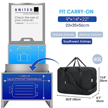 Carry on luaggage 22x14x9 Airlines Approved Foldable Carry on Bag Travel Duffel Packable Duffle Overnight for Women and Men 40L (Black) - color: Black, size: 40L