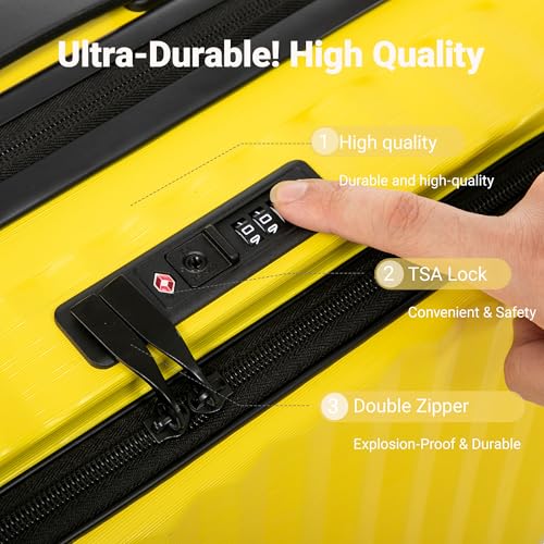 Rosamo 3 Piece Carry On Luggage Set, 20 Inch Front Opening Hardside Suitcase, Spinner Wheels, TSA Lock - color: Yellow