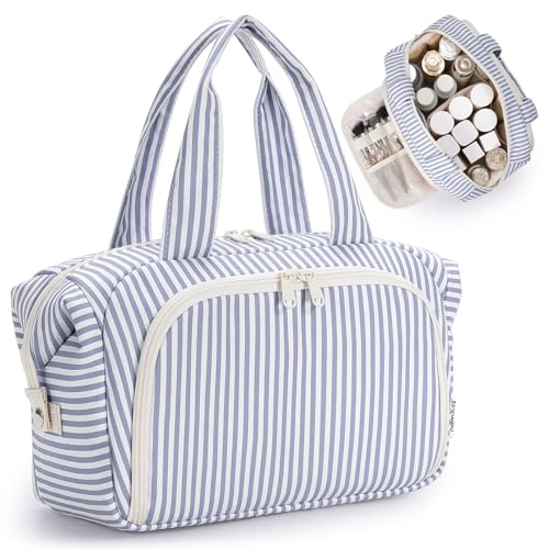 Narwey Travel Toiletry Bag for Women, Large Makeup Cosmetic Organizer Bag - color: Y-Greyish Blue Stripe