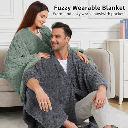 Wearable Blanket Poncho Cape Wrap for Adult, Cozy Sherpa Fleece Pocketed Shawl TV Throw Blankets for Office and Lounge(Sage,58'' x 64'') - color: Sage